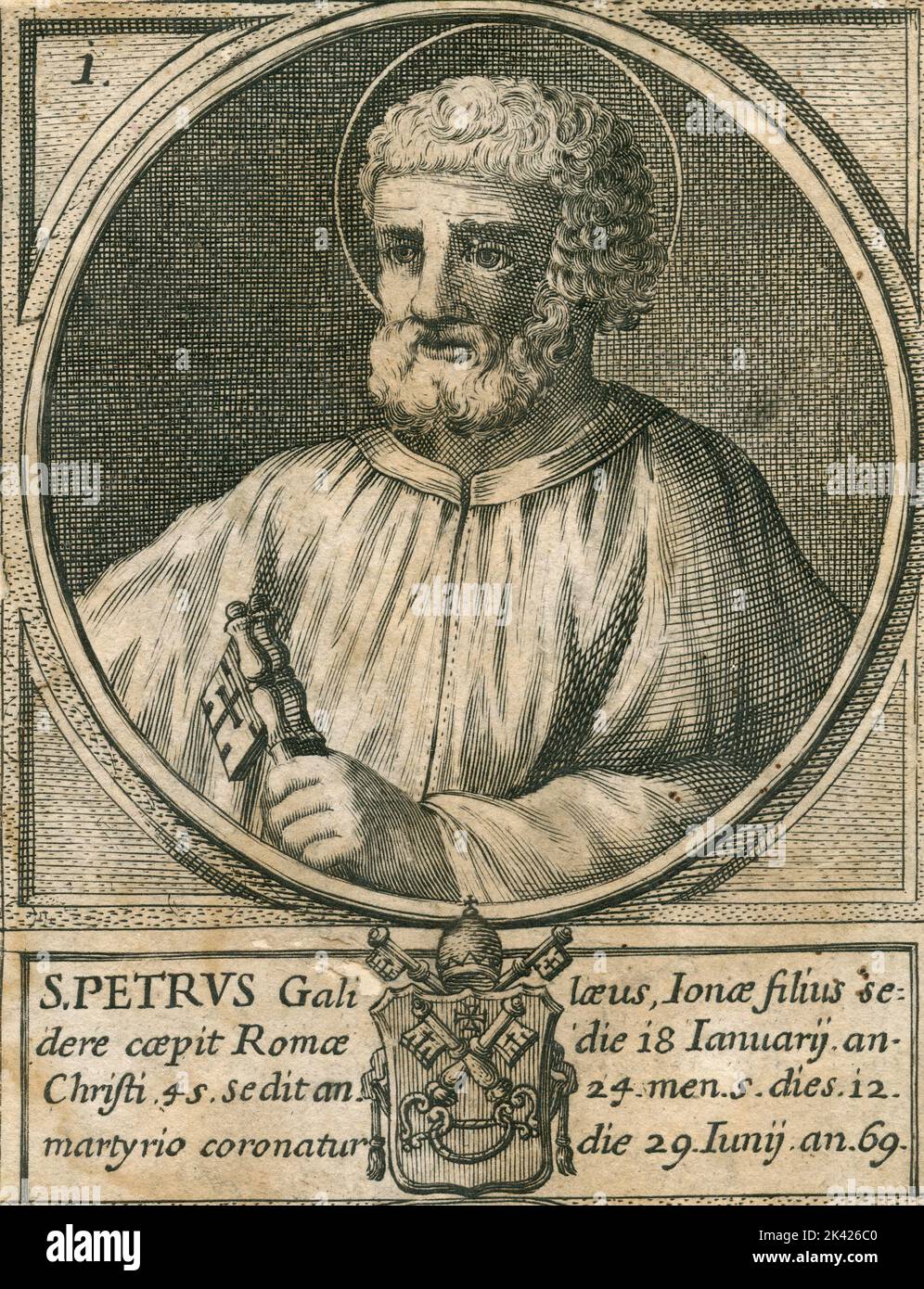 Portrait of Pope St. Peter, engraving from the Summorum Romanorum Pontificum by Giovanni Giacomo de' Rossi, 1675 Stock Photo