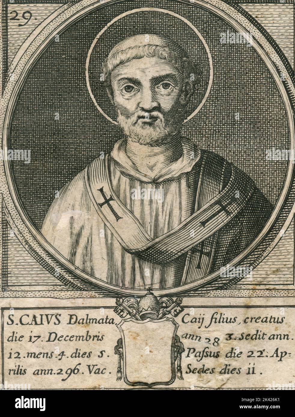 Portrait of Pope St. Caius, engraving from the Summorum Romanorum Pontificum by Giovanni Giacomo de' Rossi, 1675 Stock Photo