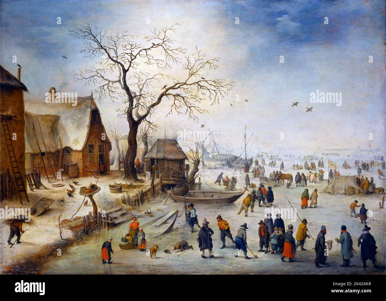 A Village in Winter with Peasants on the Ice by Jan Brueghel the Younger (1601-1678), oil on oak panel, c. 1630-40 Stock Photo