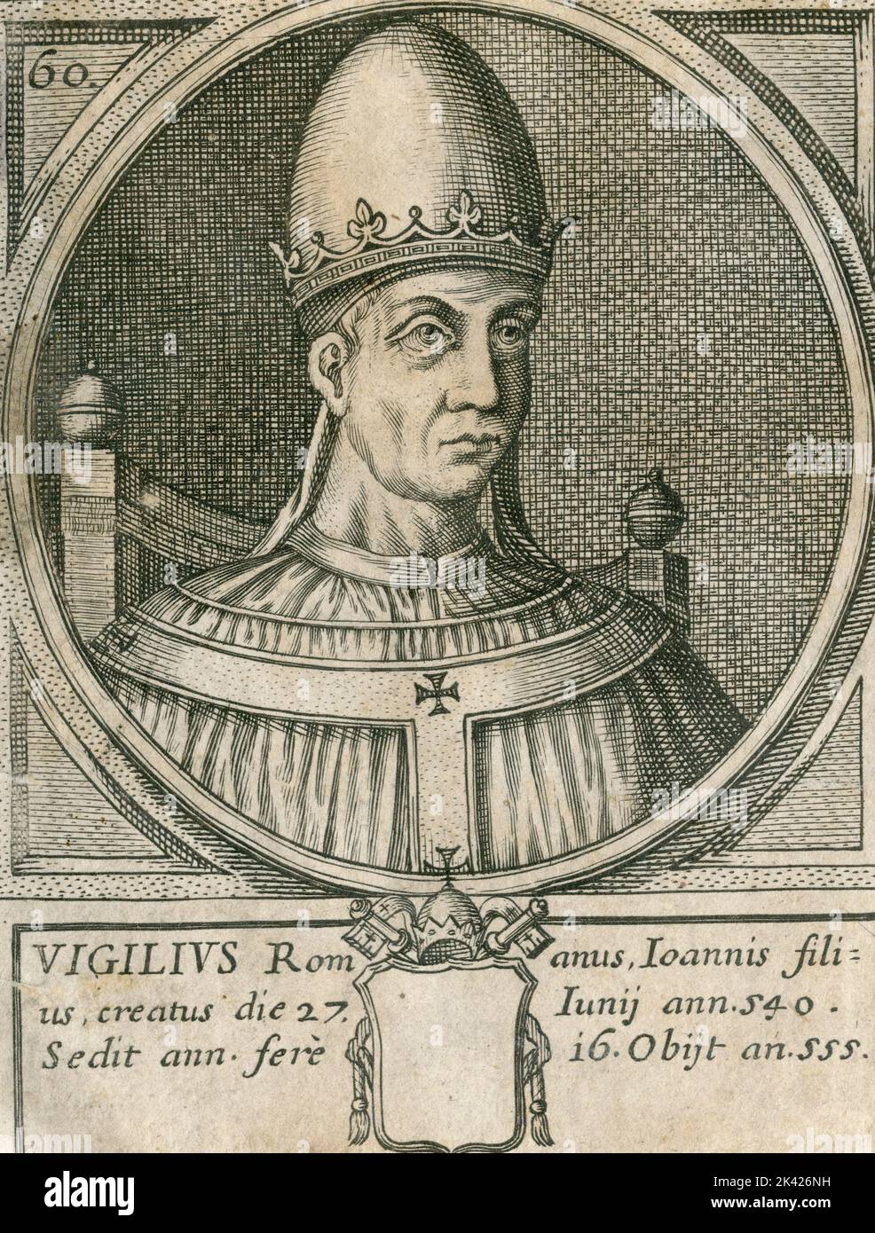 Portrait of Pope Vigilius, engraving from the Summorum Romanorum Pontificum by Giovanni Giacomo de' Rossi, 1675 Stock Photo