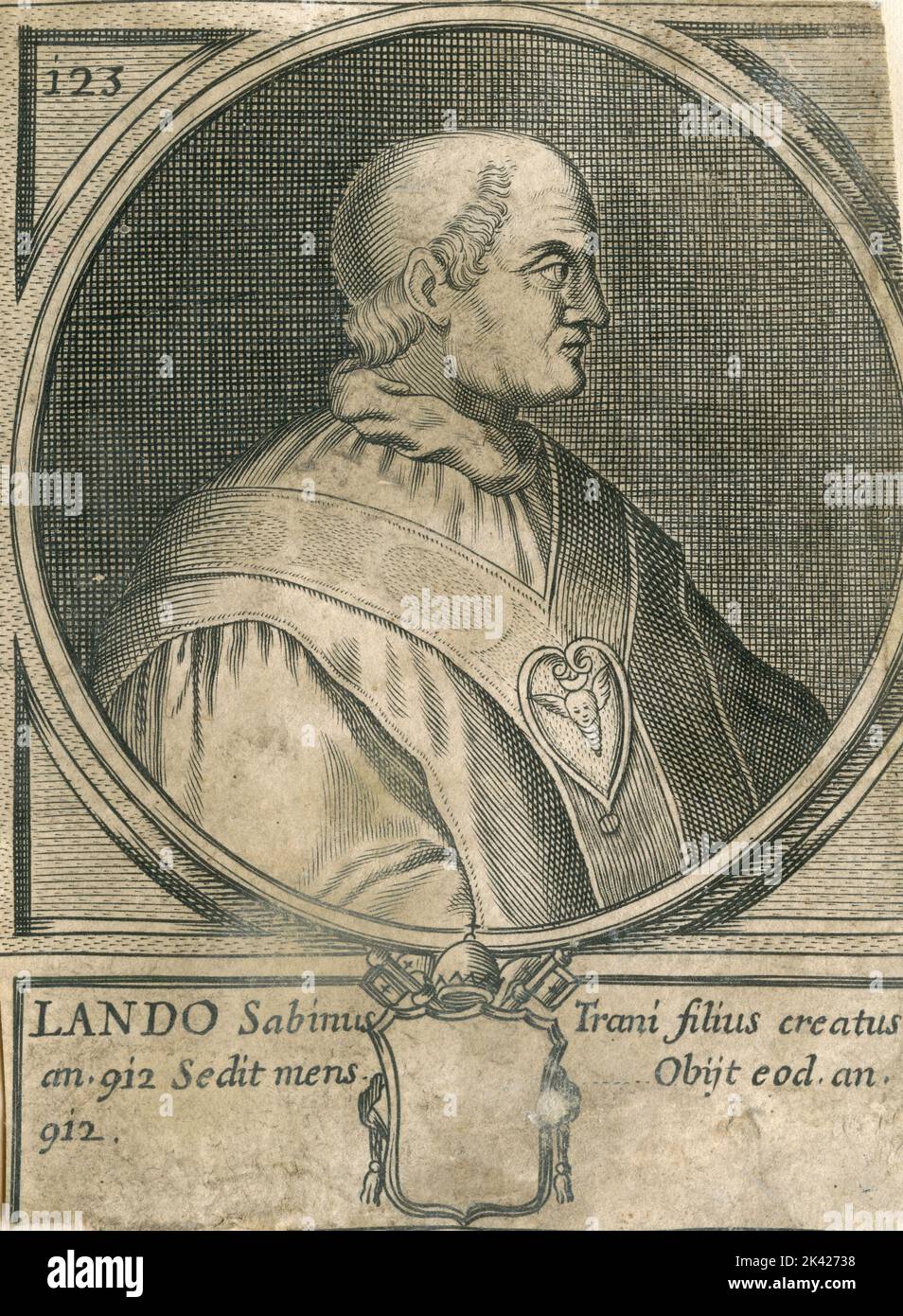 Portrait of Pope Lando, engraving from the Summorum Romanorum Pontificum by Giovanni Giacomo de' Rossi, 1675 Stock Photo