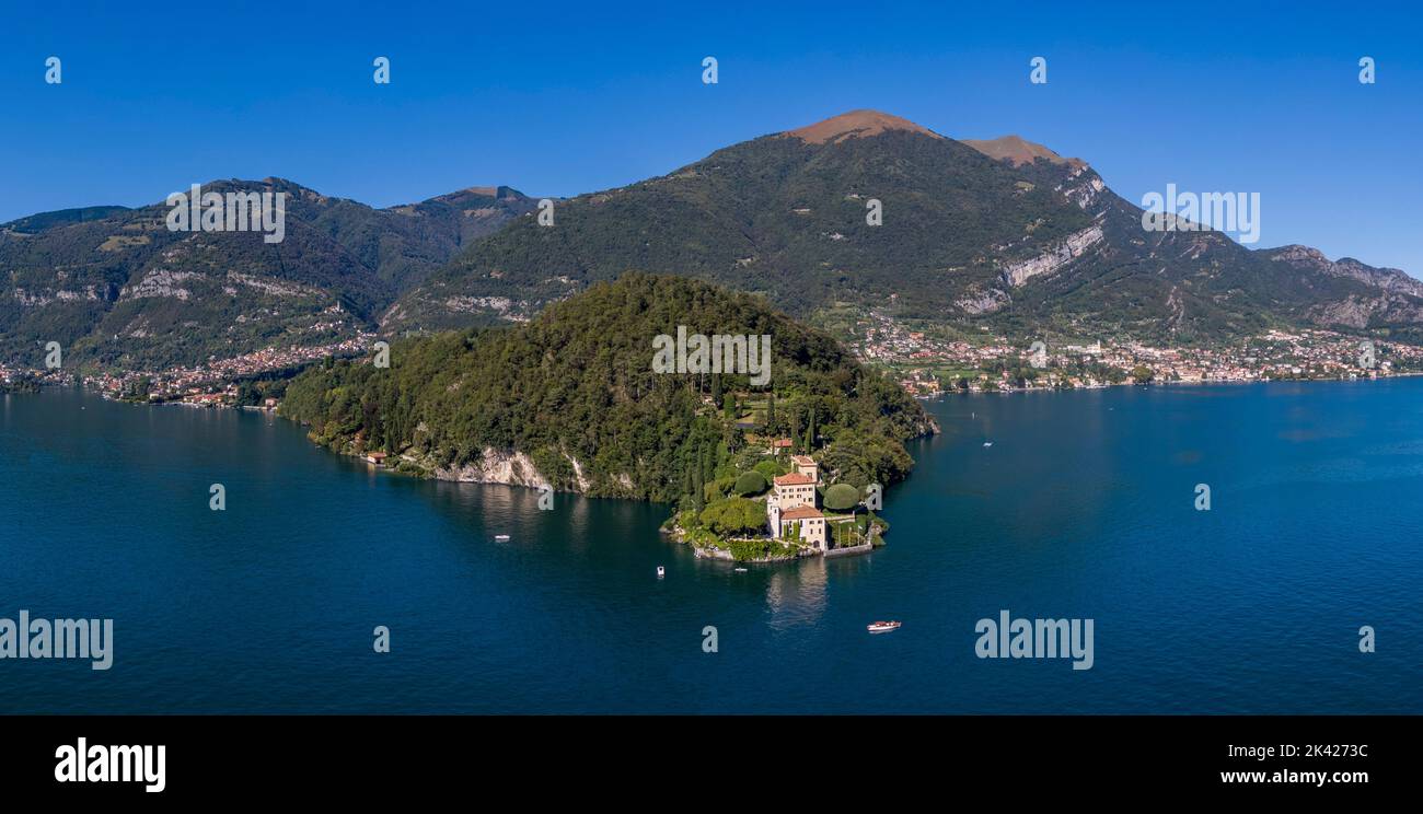 Aerial view of the Villa del Balbianello on the Lake Como Stock Photo