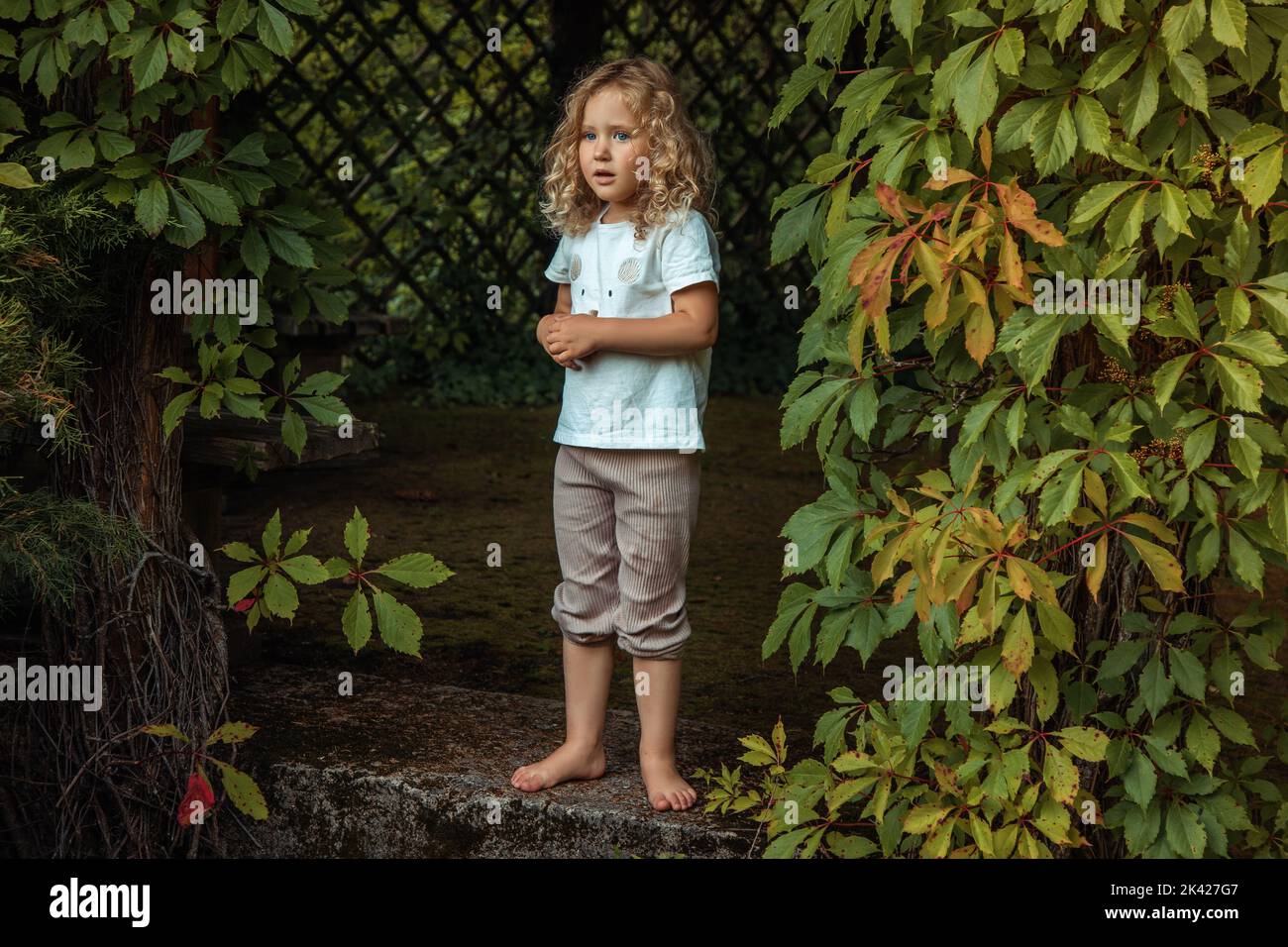 Sad, upset, frightened barefoot little blonde curly girl standing alone near cell border in bush. Abuse and violence Stock Photo