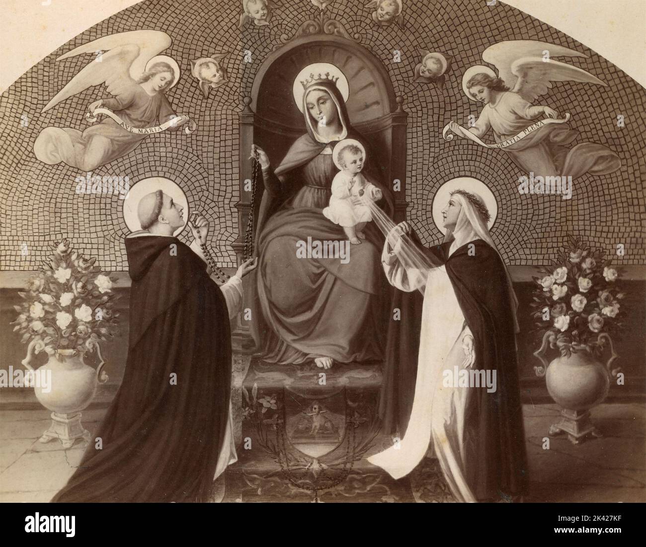 The Virgin Mary enthroned gives S. Dominic of Guzman a rosary, painting by Italian artist Silverio Capparoni, 1870s Stock Photo