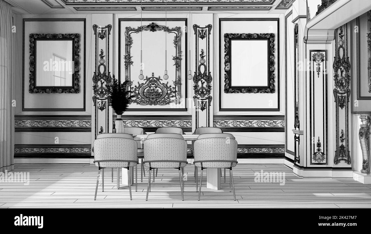 Unfinished project draft, modern furniture in classic apartment, minimalist dining room with table and armchairs and sofa. Plaster molded walls and pa Stock Photo