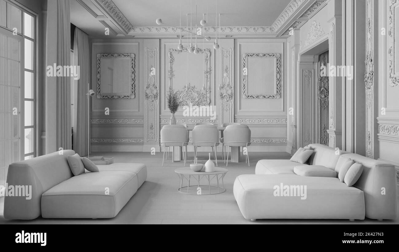 Total white project draft, minimalist furniture in classic apartment, living and dining room with table and armchairs, sofa. Plaster molded walls and Stock Photo