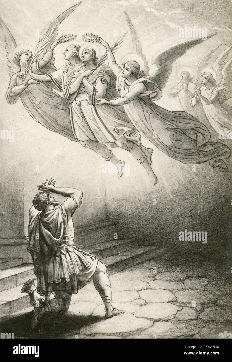 Roman centurion and two christian martirs taken in heaven by saints, painting by Italian artist Silverio Capparoni, 1870s Stock Photo