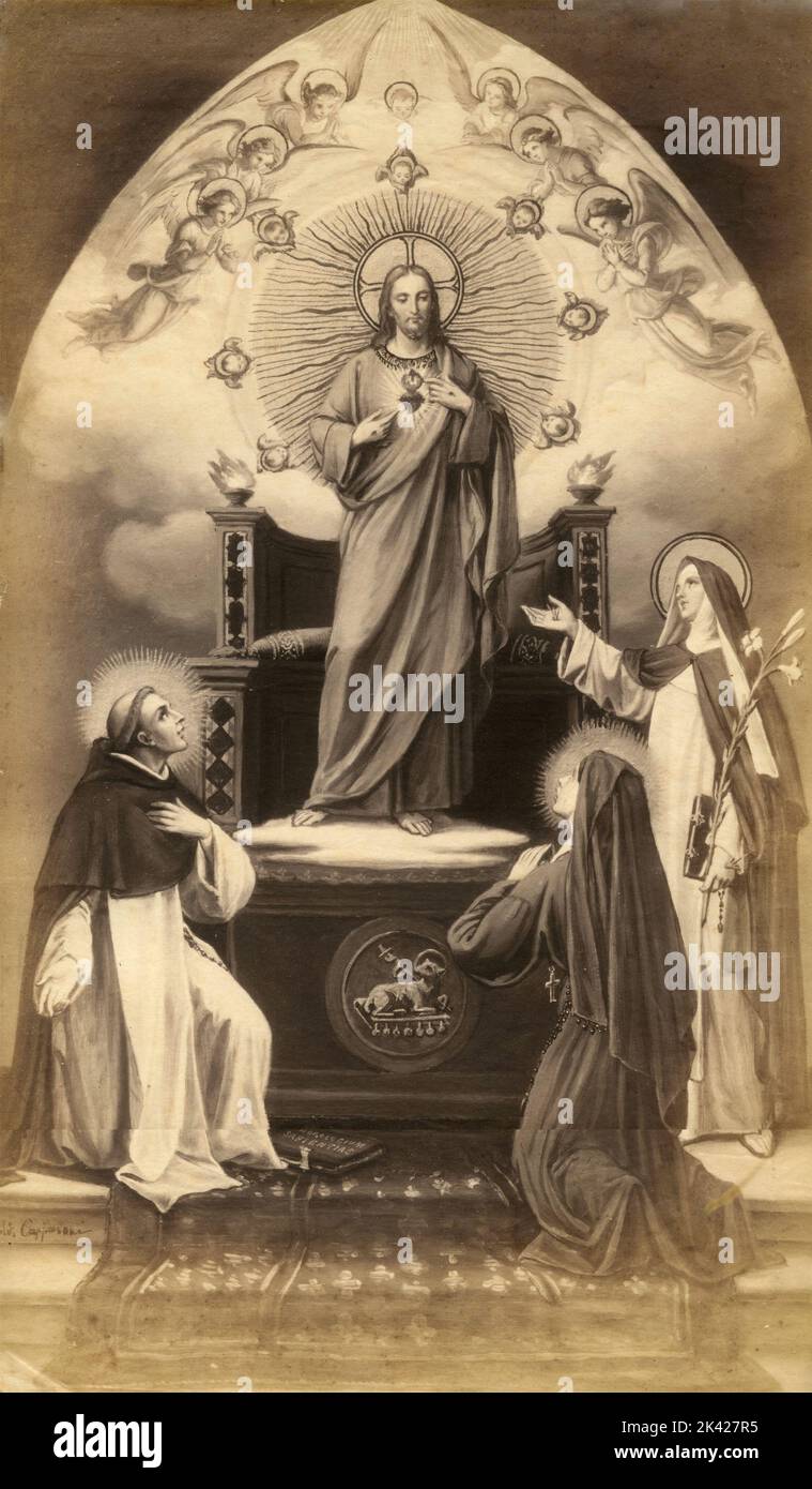 Jesus Christ enthroned and St. Dominic of Guzman with two Dominican nuns, painting by Italian artist Silverio Capparoni, 1870s Stock Photo