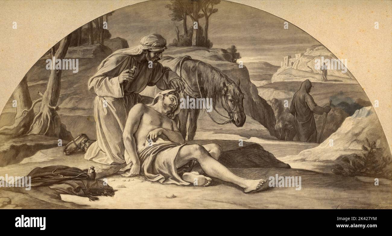 Wayfarer helping a wounded man, painting by Italian artist Silverio Capparoni, 1875 Stock Photo