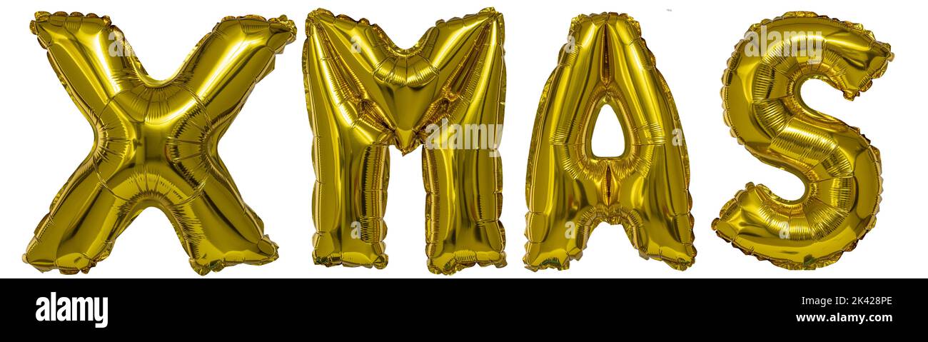 xmas lettering made with gold metallic balloons isolated on white Stock Photo