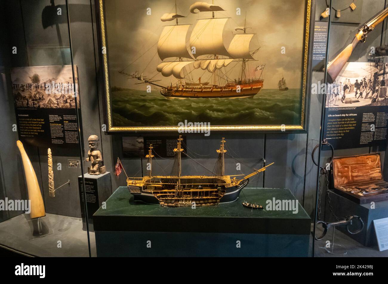 Painting and miniature of a slave ship at the International Slavery Museum at Royal Albert Dock in Liverpool Stock Photo