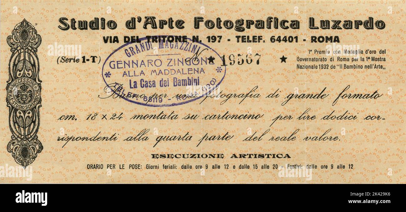 Voucher for a large format photographic print from Luxardo Studio, Rome, Italy 1930s Stock Photo