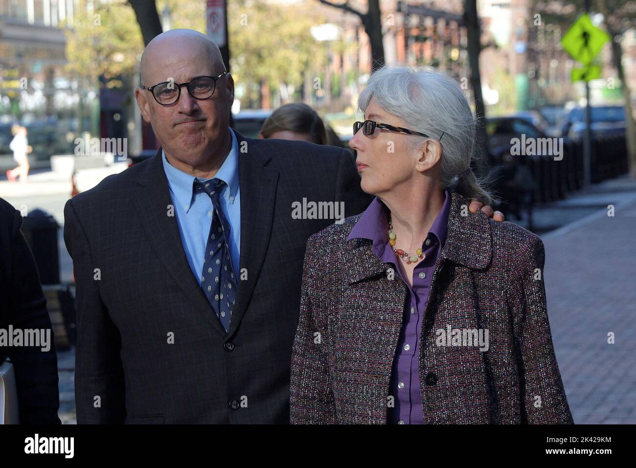 David and Ina Steiner arrive at the federal courthouse for the sentencing hearings for former eBay Inc security executives Jim Baugh and David Harville, who pled guilty to participating in a campaign to harass the Steiners that involved sending disturbing home deliveries like cockroaches and a funeral wreath, in Boston, Massachusetts, U.S., September 29, 2022.     REUTERS/Brian Snyder Stock Photo
