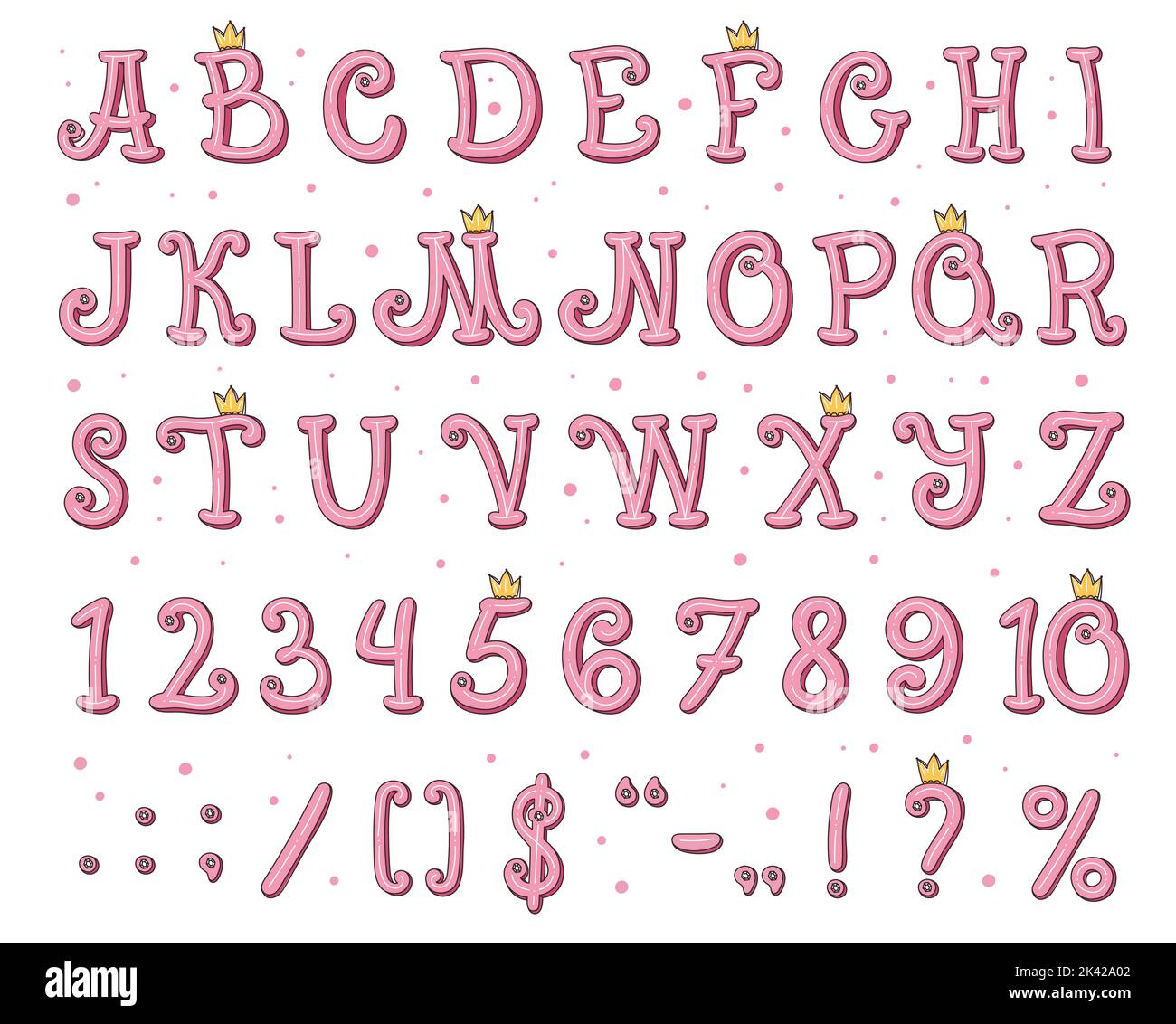 Princess font alphabet, pink text and girl letters, vector typography