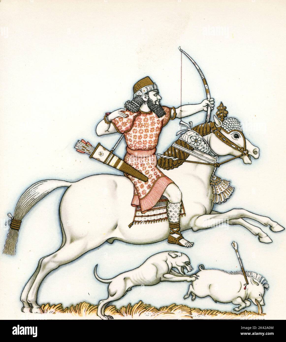 Illustration of King Ashurbanipal hunting, Assyrian Empire, 650 BC Stock Photo
