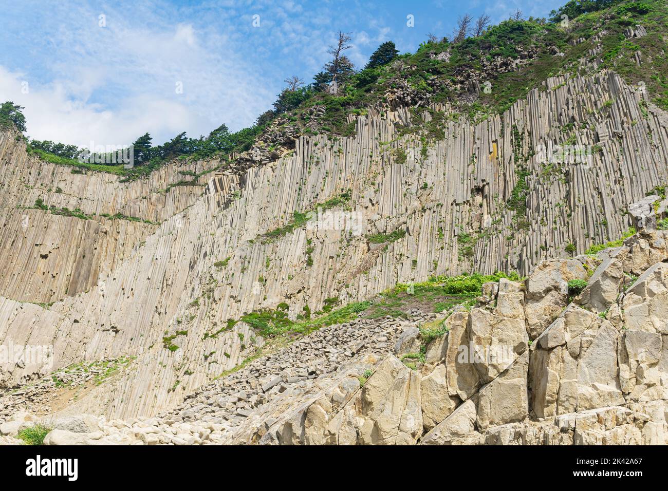 high coastal cliff formed by stone columns, Cape Stolbchaty on Kunashir island Stock Photo