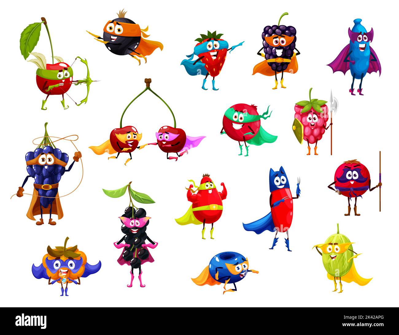 Garden berry superhero and defender characters, vector cartoon funny food. Super hero and guardian berries, strawberry and cherry in superhero masks, blackberry and blueberry in power cape Stock Vector