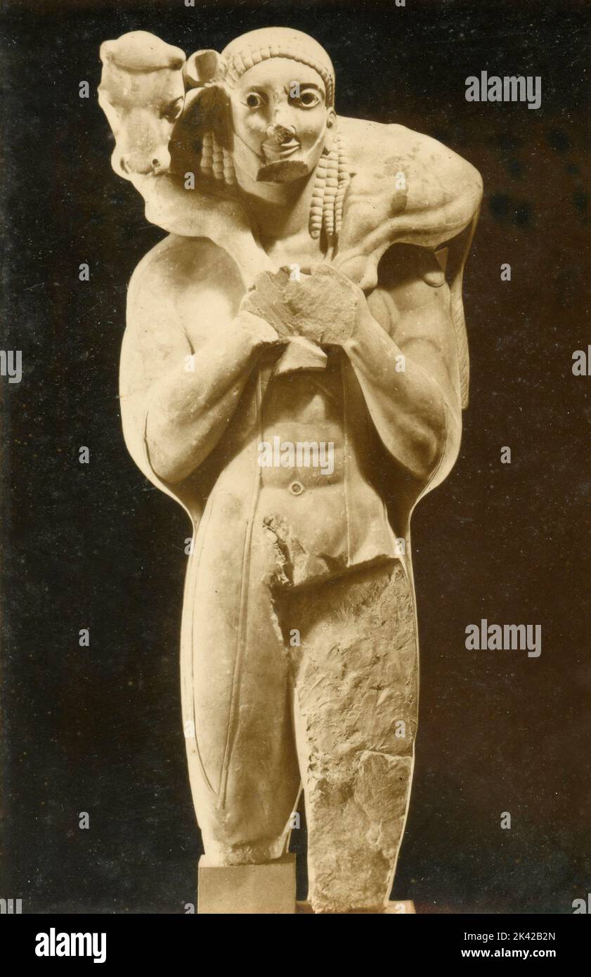 The Calfbearer, 560 bc Ancient Greek statue, Acropolis Museum, Athens, Greece 1930s Stock Photo