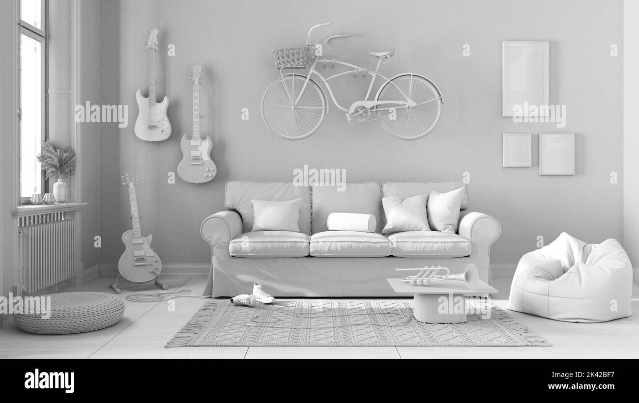 Total white project draft, scandinavian living room, striped wallpaper