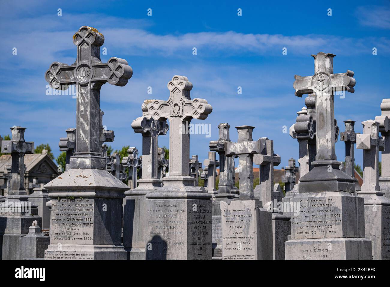 Boulogne, France - 26 June 2022: Tombstones and crosses at a french cemetery Stock Photo