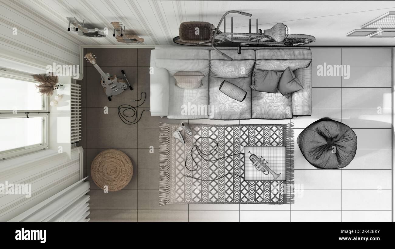Architect interior designer concept: hand-drawn draft unfinished ...