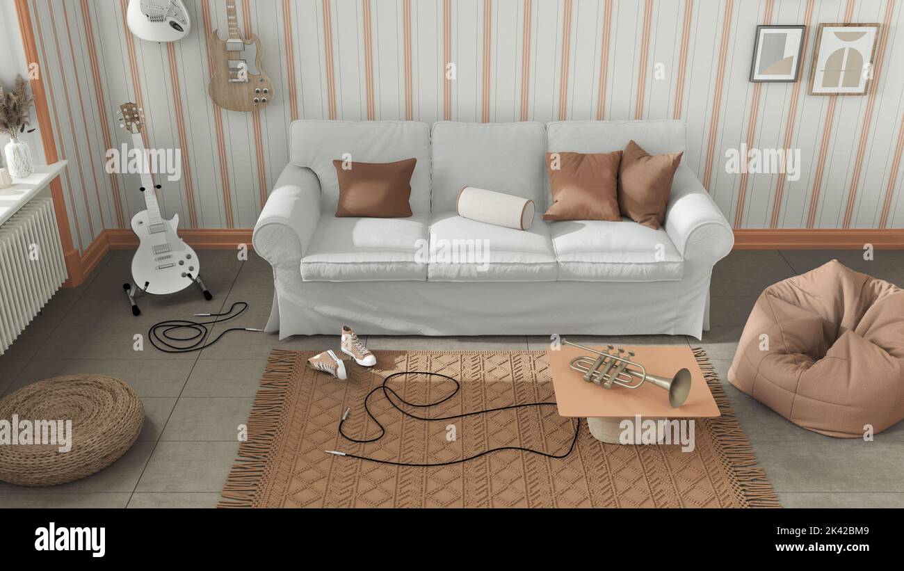 Cozy living room in white and orange tones, striped wallpaper, sofa, musical instruments hanging
