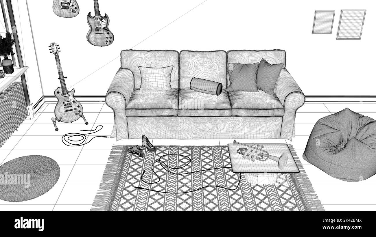 Blueprint project draft, cozy living room, striped wallpaper, sofa, musical instruments hanging