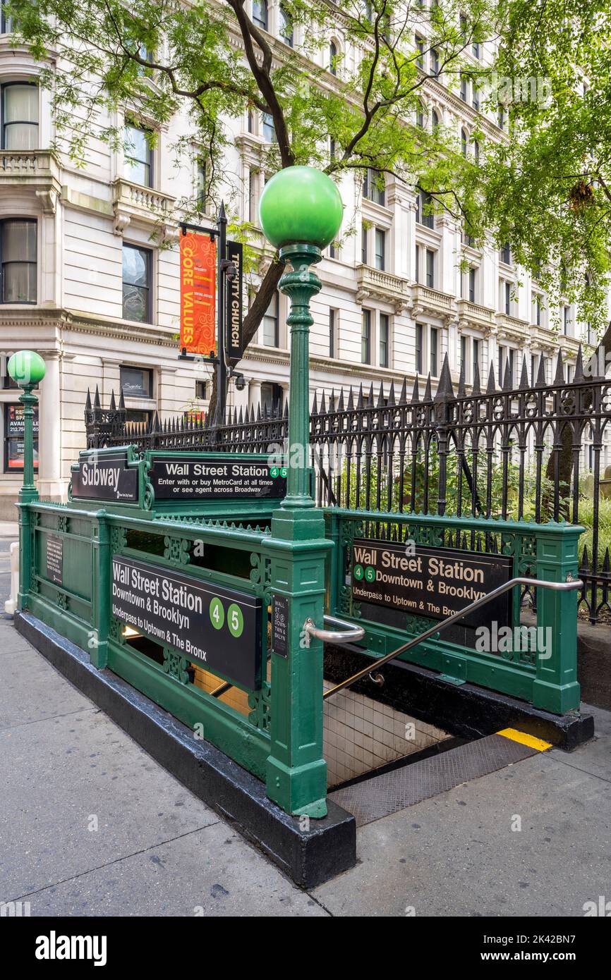 Entrance to Wall Street subway station, Manhattan, New York, USA Stock