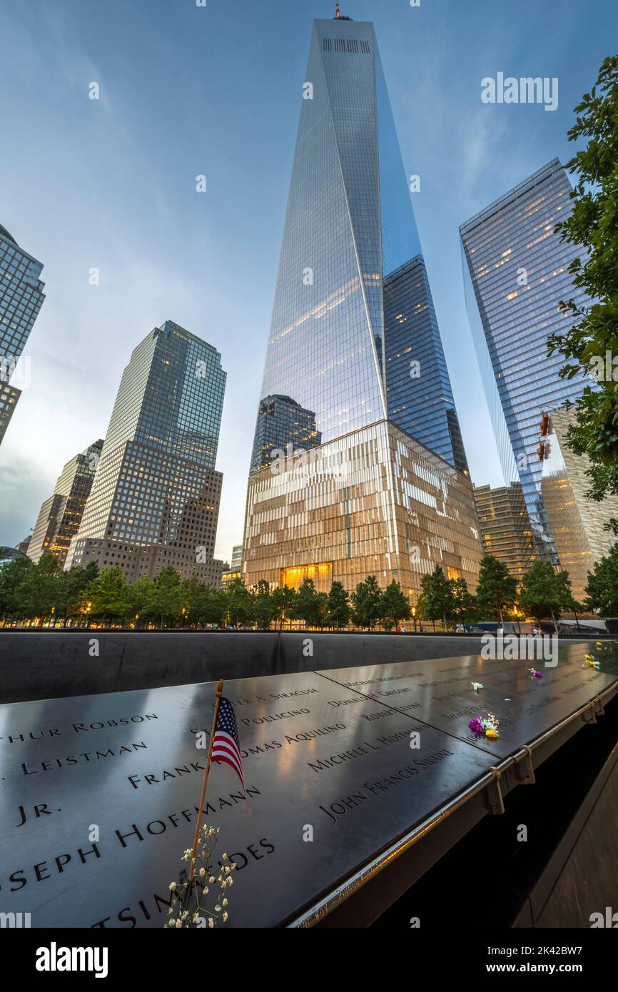 Pool of National September 11 Memorial & Museum with One World Trade Center behind, Manhattan, New York, USA Stock Photo