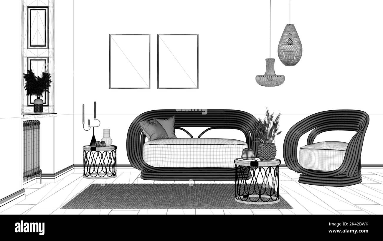 Blueprint project draft, contemporary living room, frame mock up