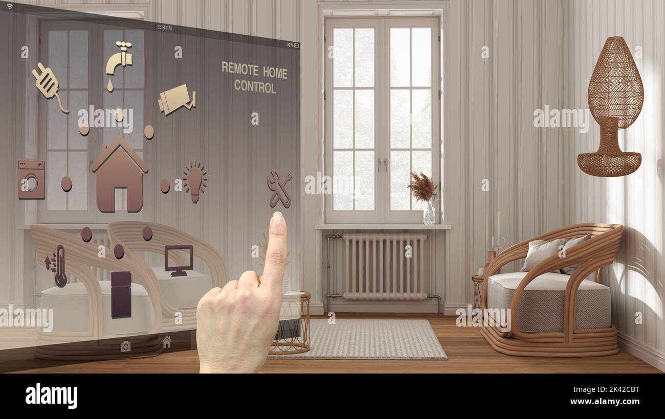 Image showcasing Smart home control concept, hand controlling digital interface from ...