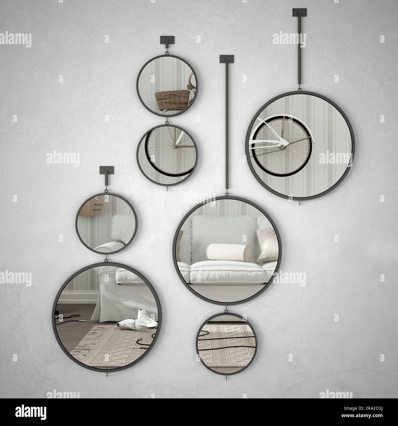 Round mirrors hanging on the wall reflecting interior design scene