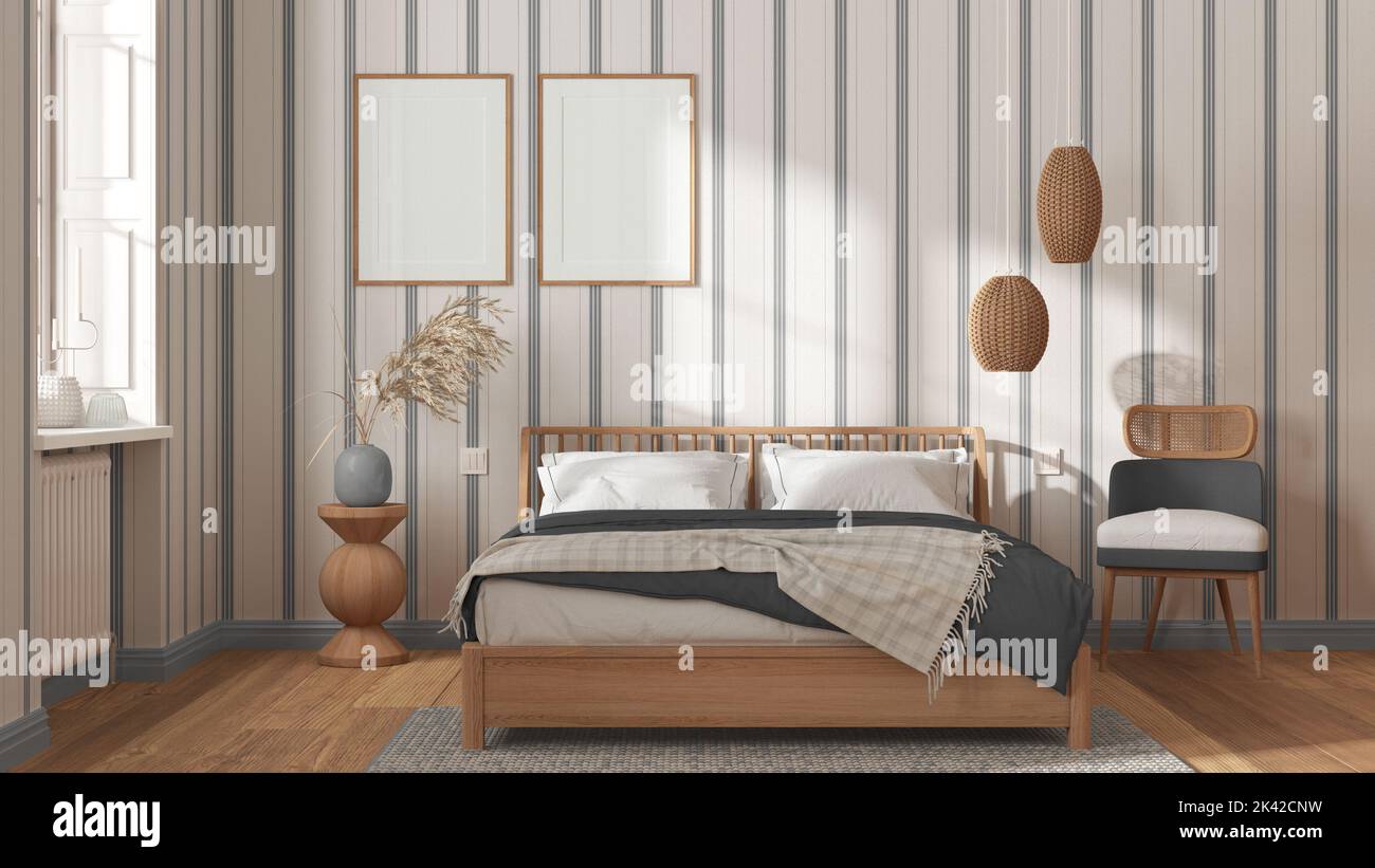 Scandinavian wooden bedroom in white and gray tones, frame mockup ...