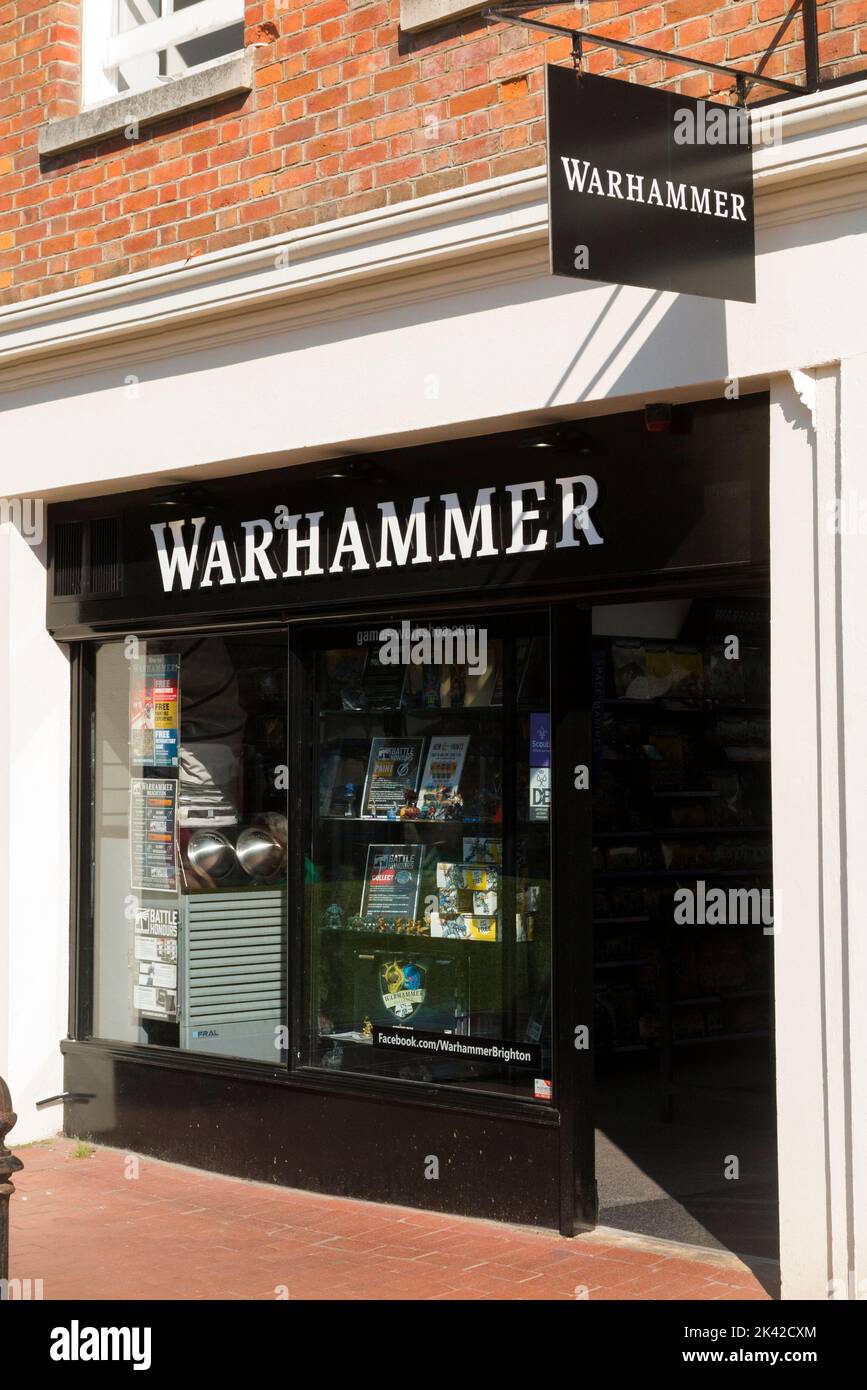 Shopfront & sign / signage at Warhammer / War Hammer hobby store shop in Brighton, Sussex. Unit 7, Nile Pavilions, Nile St, Brighton BN1 1HW. UK (131) Stock Photo