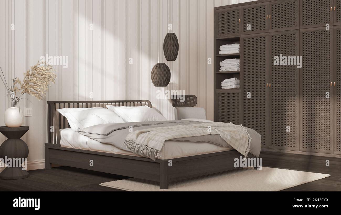 Scandinavian wooden bedroom in white and dark tones, double bed with ...