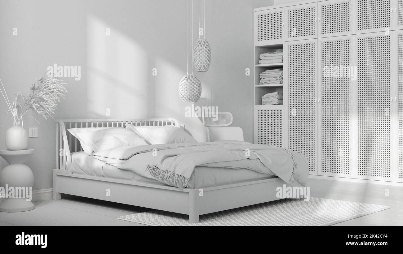 Total white project draft, scandinavian wooden bedroom, double bed with ...