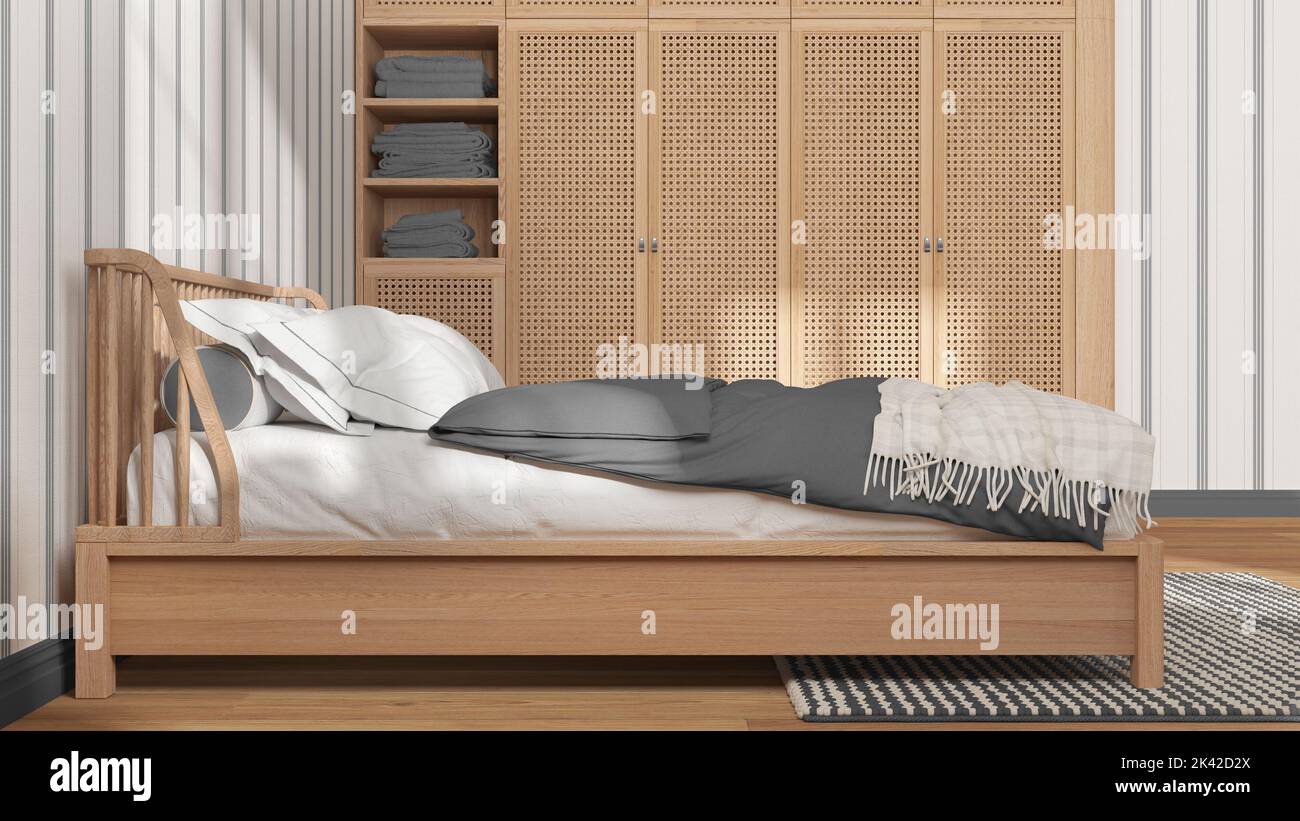 Scandinavian wooden bedroom in white and gray tones, double bed with ...