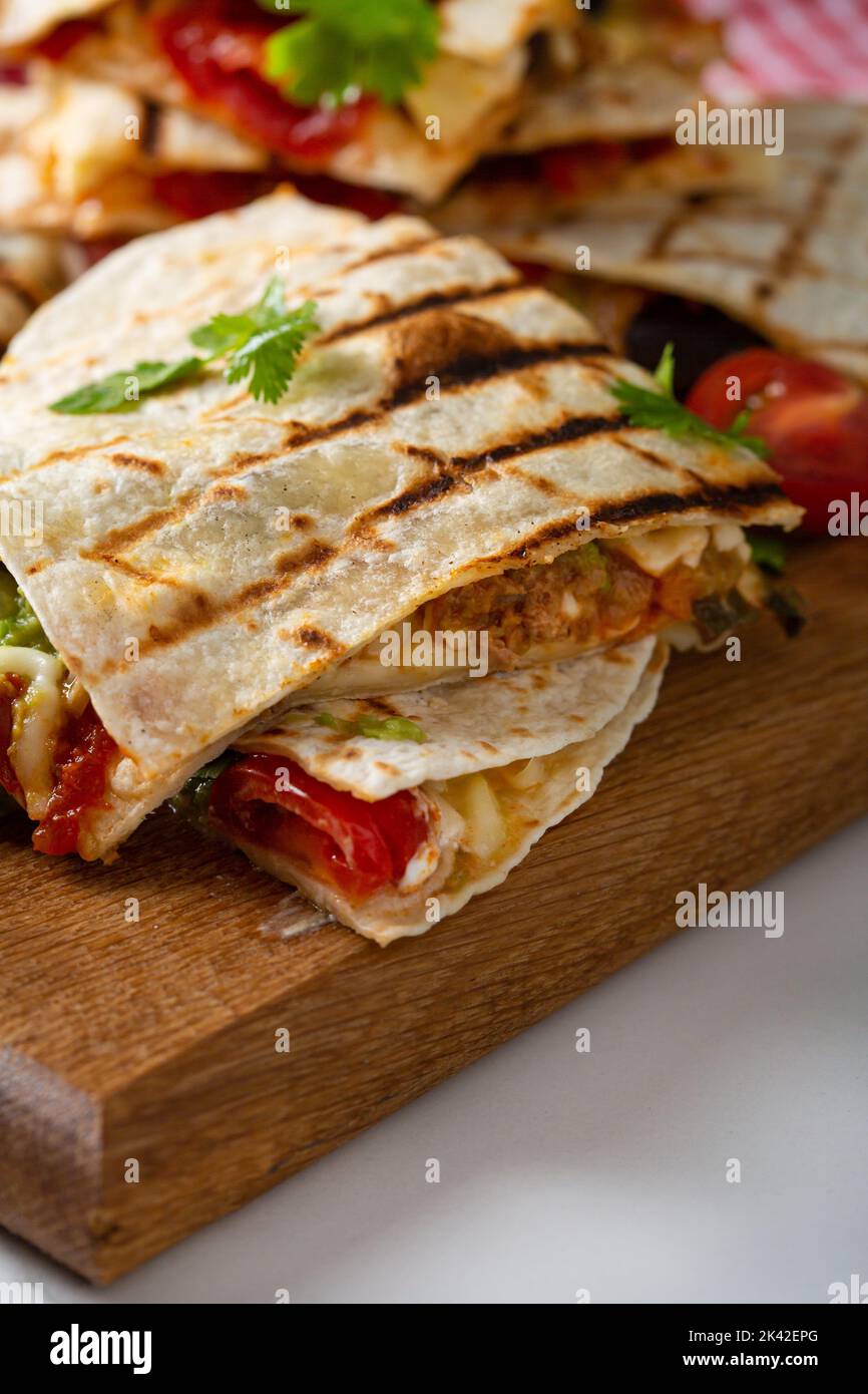Mexican food quesadilla with meat and cheese close up Stock Photo