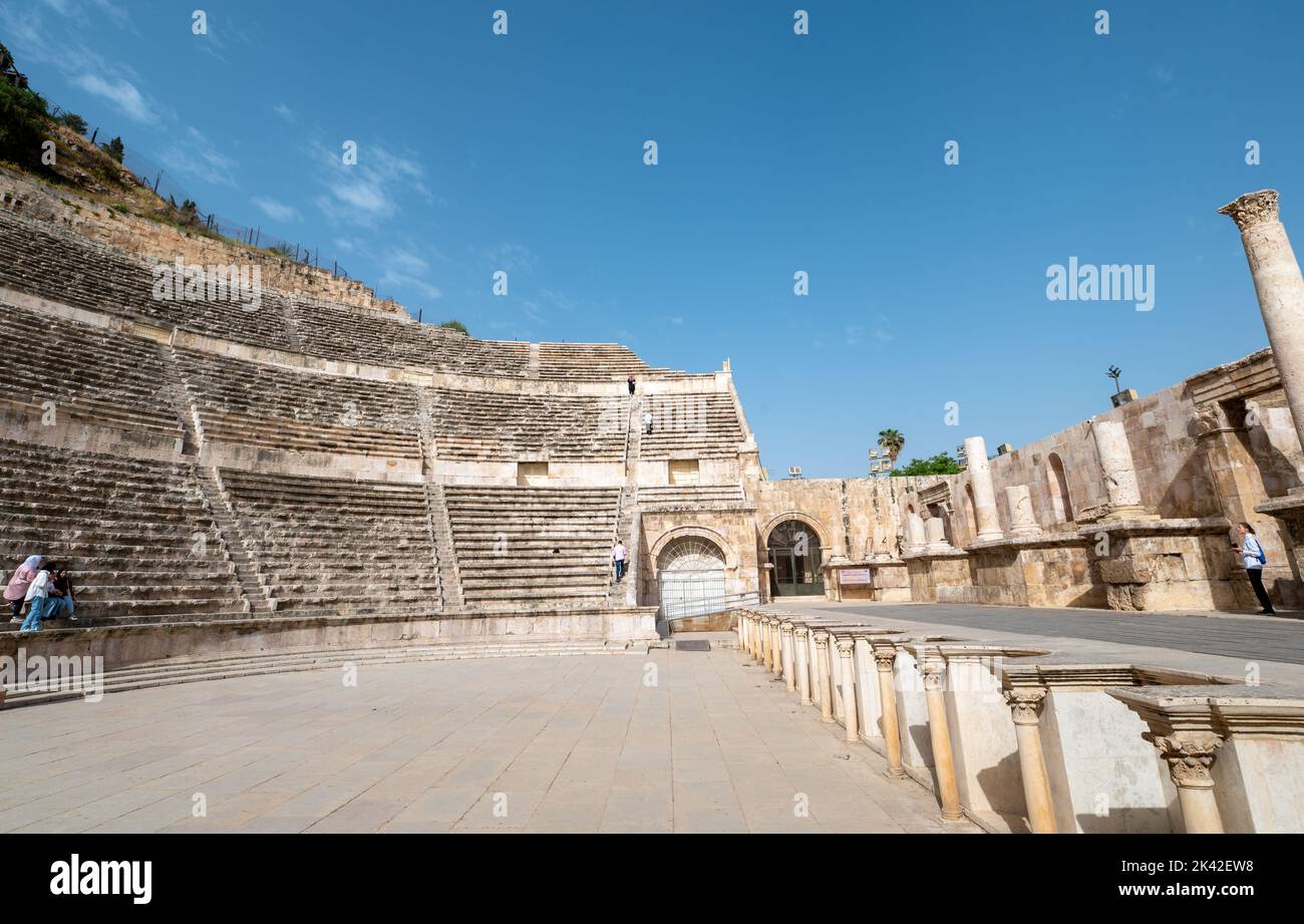 Amman, Jordan - May 3, 2022: Stairs and auditorium of ancient Roman theater in Amman downtown in the old city center of the Jordanian capital city in Stock Photo