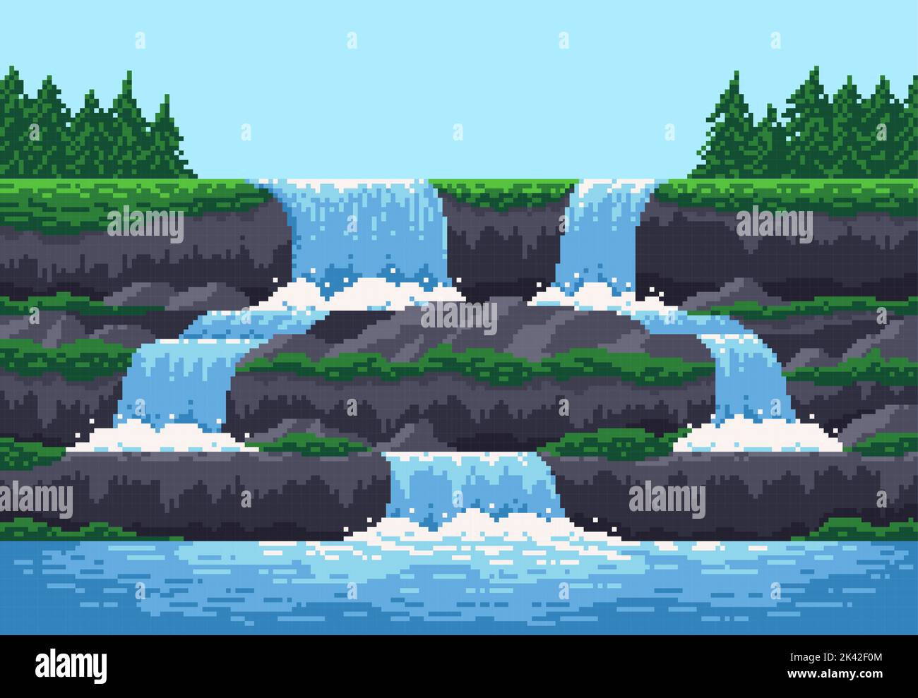 8 bit pixel game waterfall cascade landscape, vector background for video arcade game level. 8bit river water fall from mountain or sea cave cascade, ocean island with forest trees for pixel landscape Stock Vector