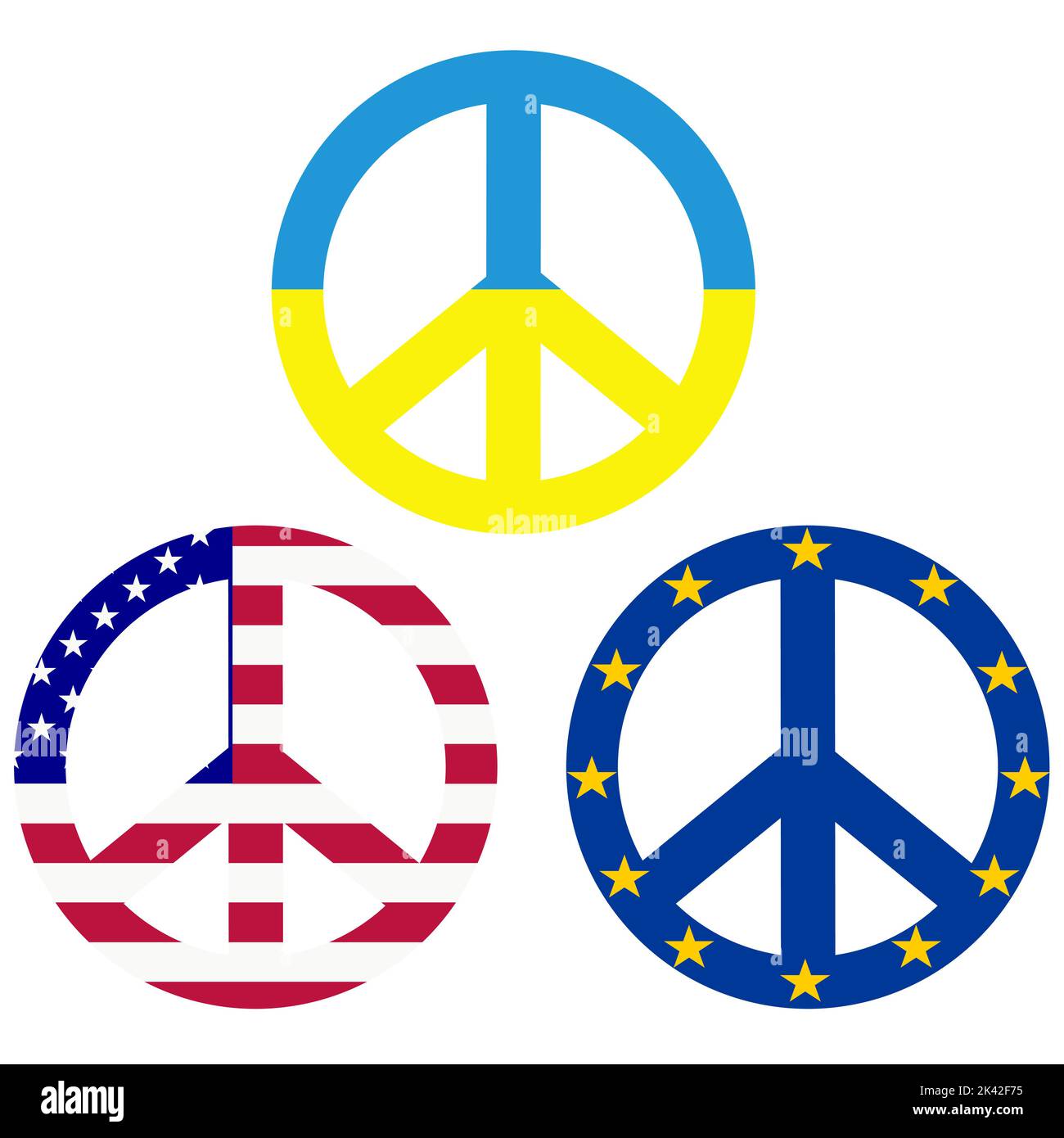 Peace symbols with flags of Ukraine, USA and European Union Stay with Ukraine concept Stock Vector