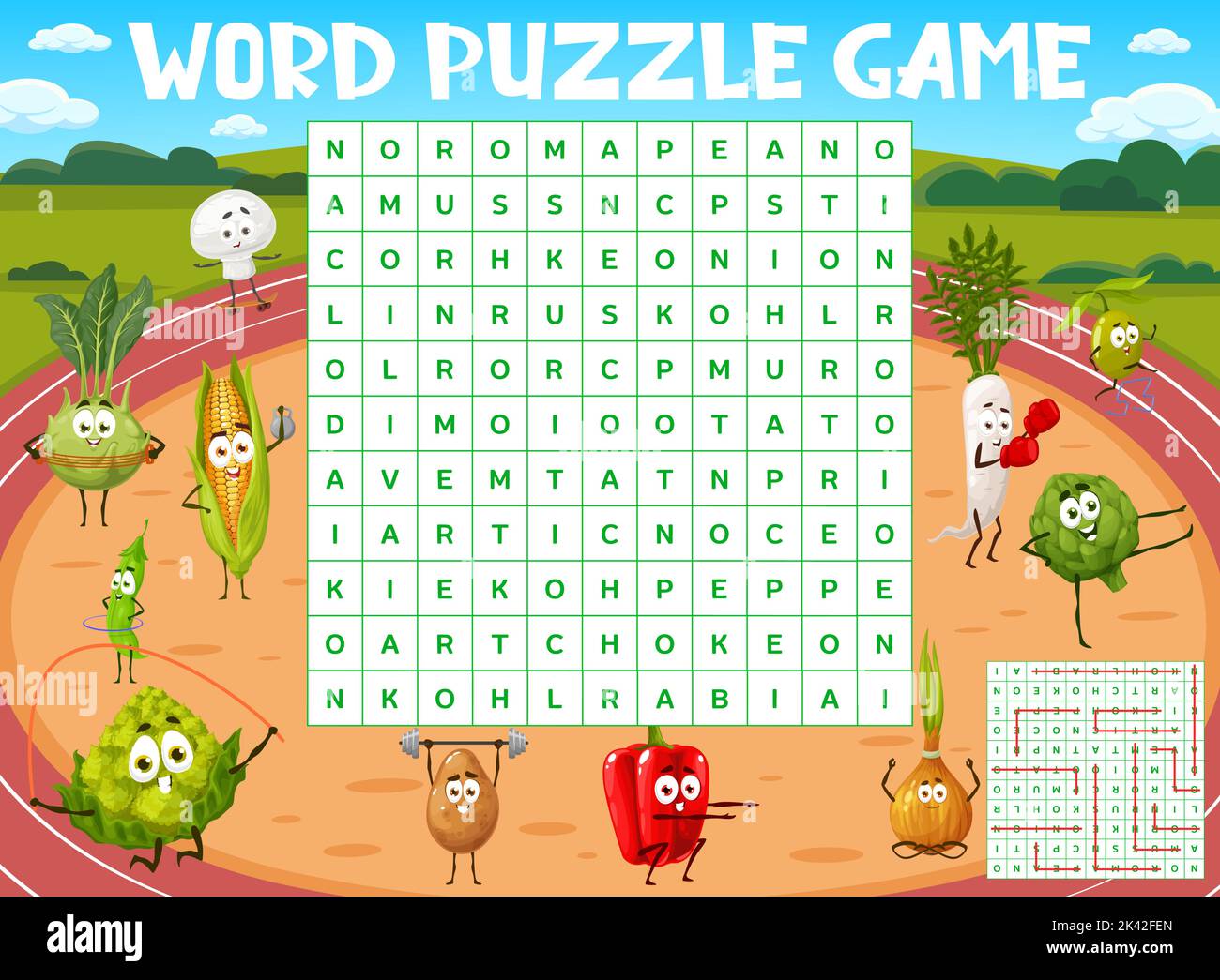 Character Search Cartoon vegetable characters on sport stadium, word search puzzle game ...