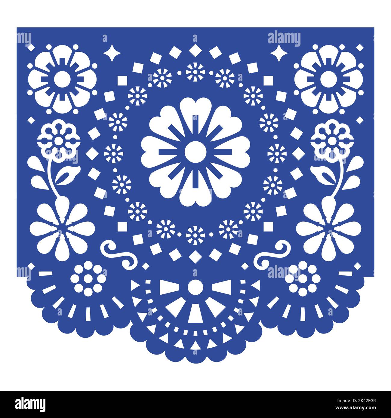 Party decoration Papel Picado vector design, retro Mexican fiesta paper cutout background with flowers and leaves Stock Vector
