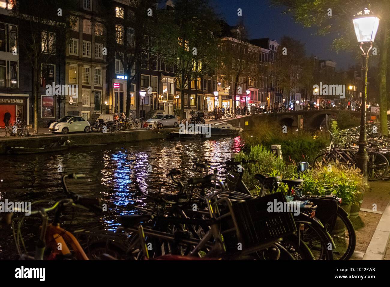 Canal at night, Amsterdam, The Netherlands Stock Photo