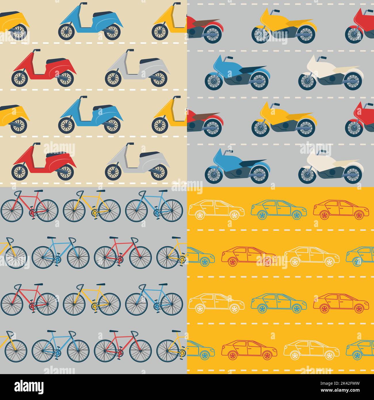 Car Flatten Pattern Collection of flat style seamless patterns with colorful transport ...