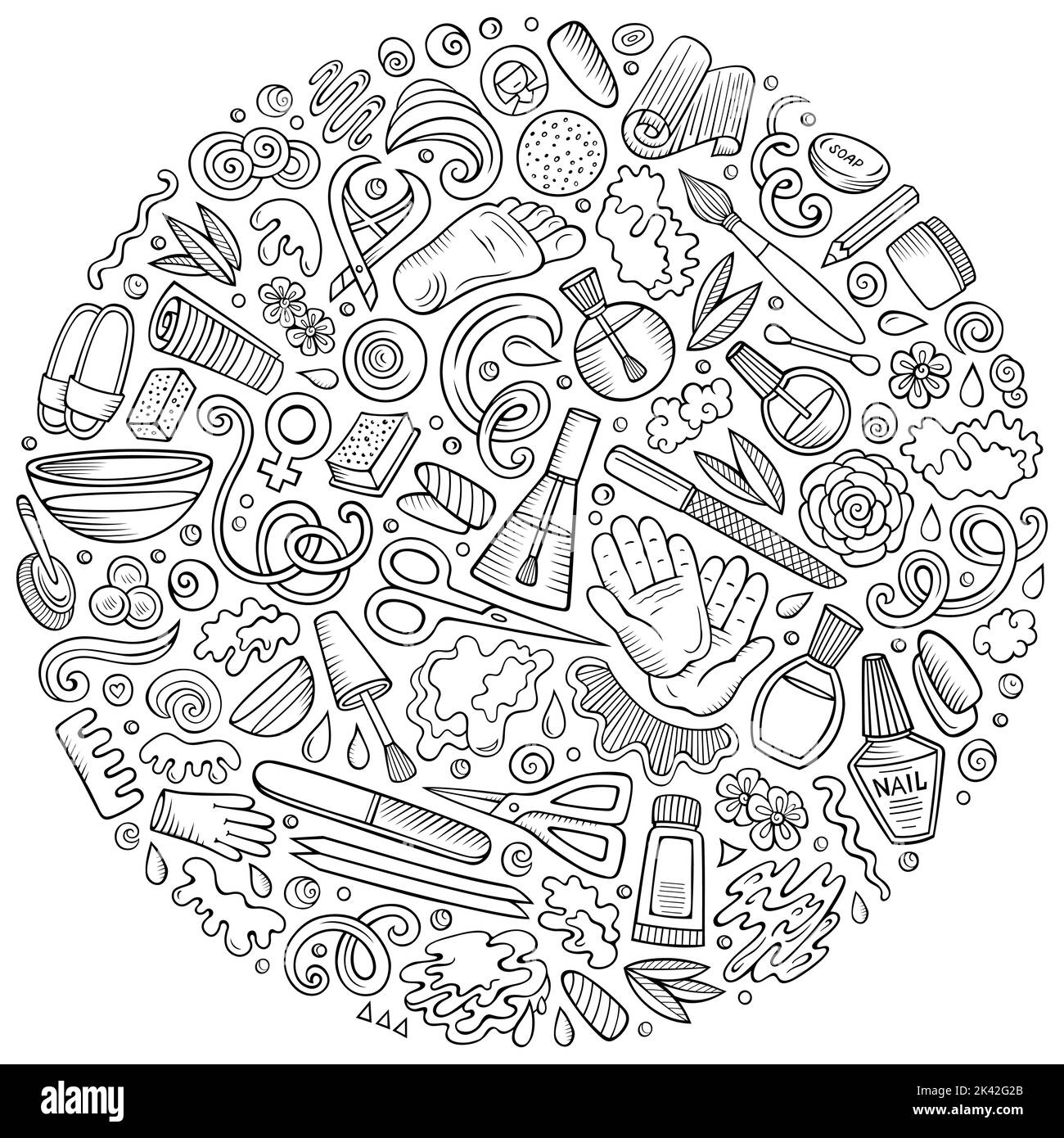 Set of Nail Salon cartoon doodle objects, symbols and items Stock Vector