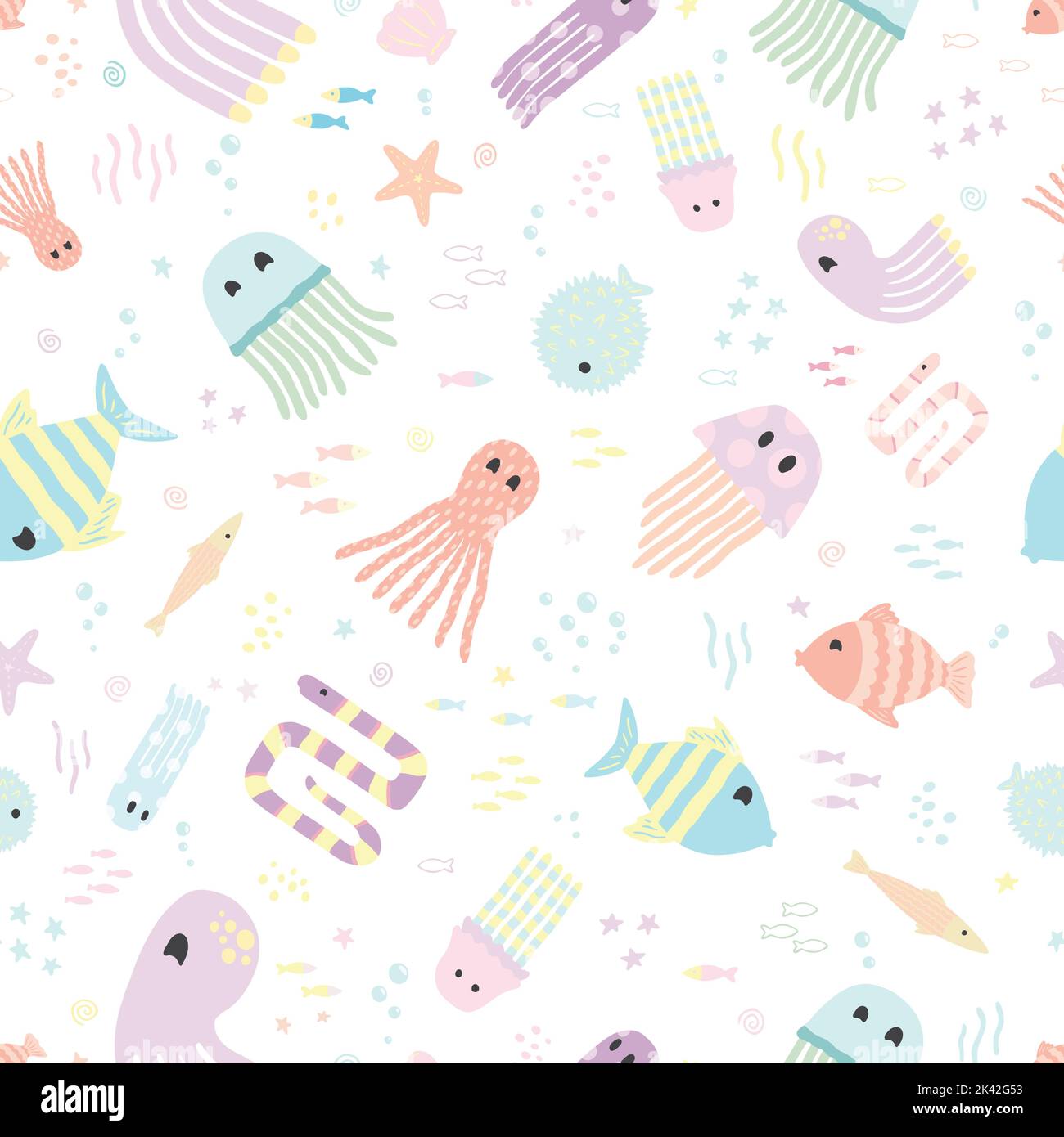 Cute Sea Life seamless pattern. Vector illustration flat design background. Stock Vector