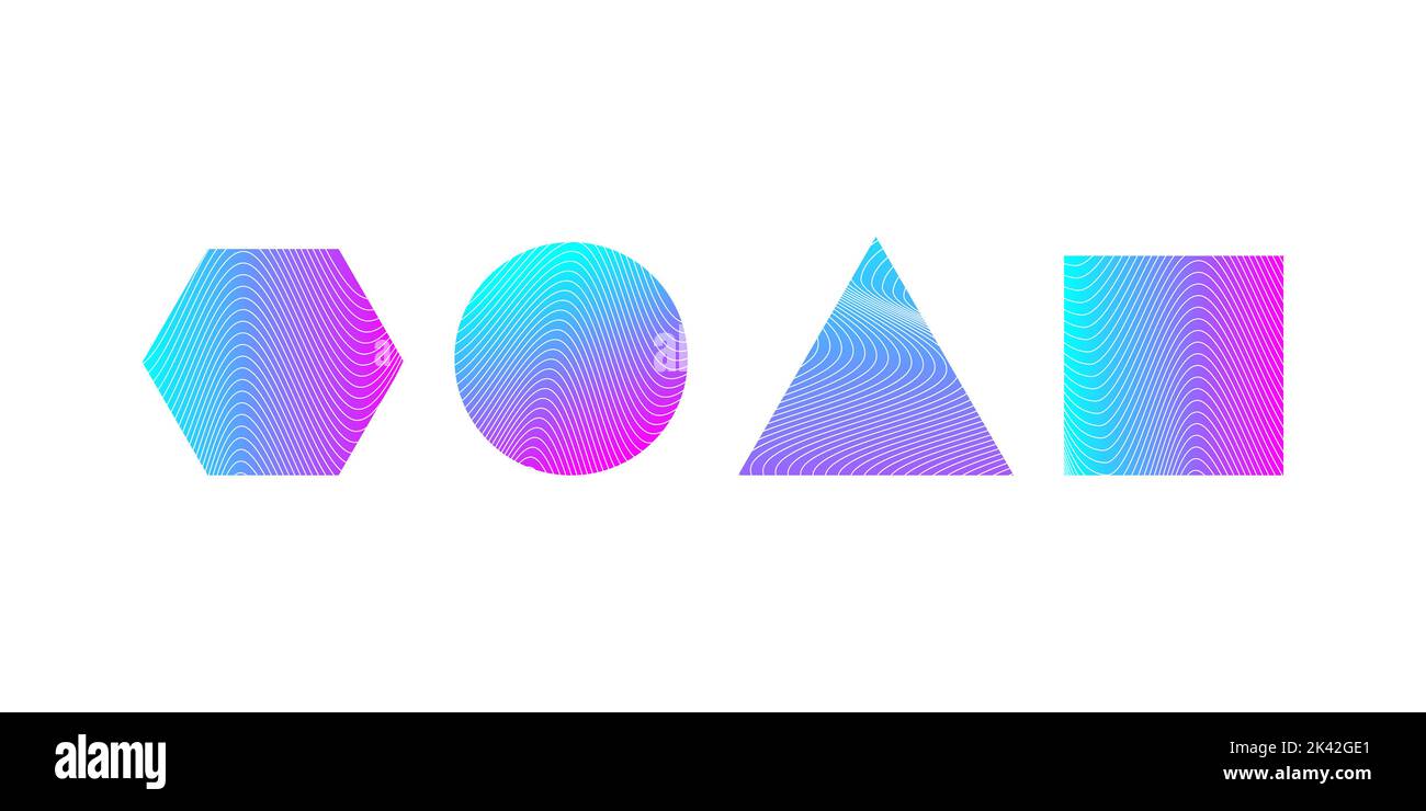 Geometric shapes with wavy linear texture, elements. Vector set Stock Vector