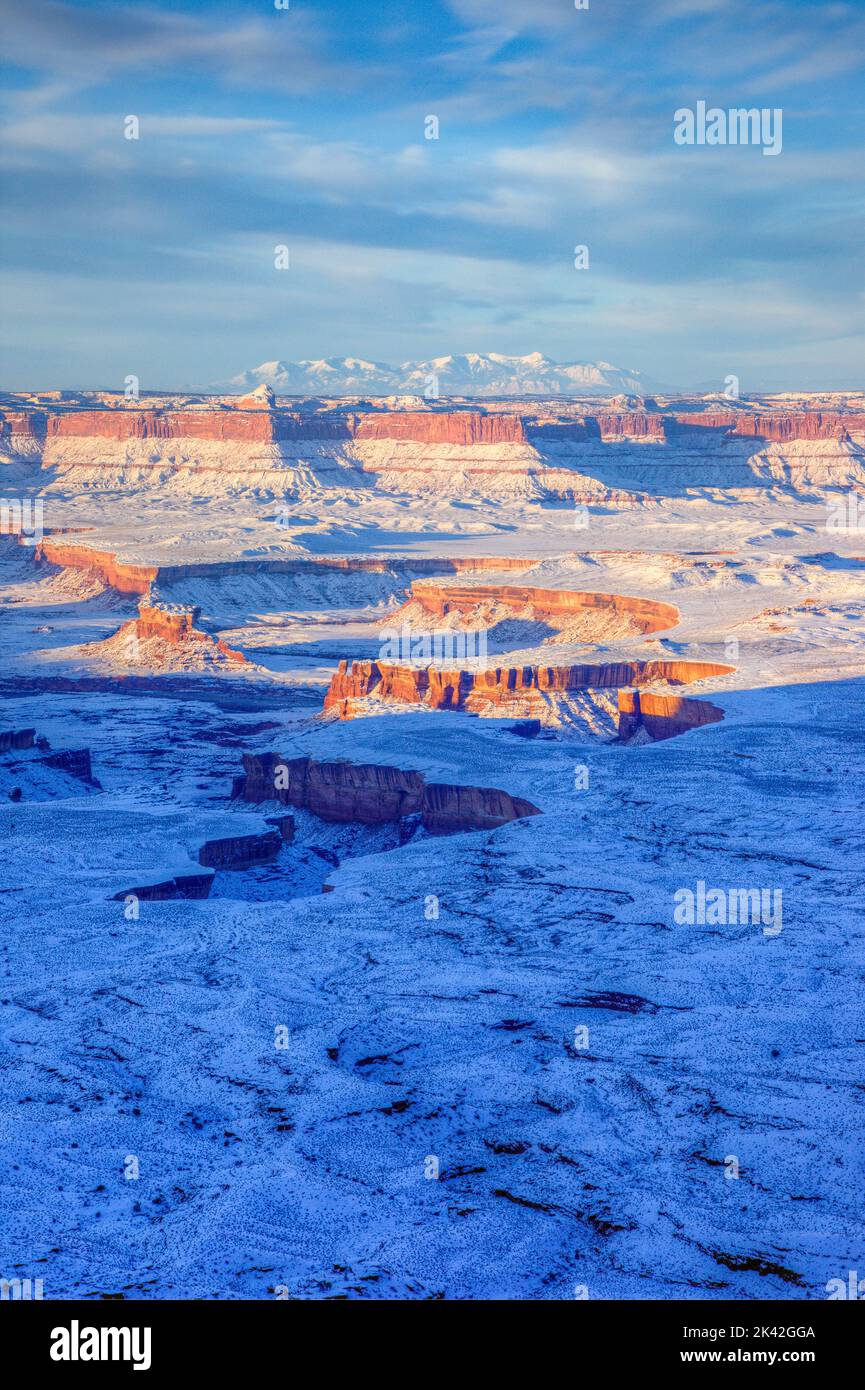Winter view from Candlestick Tower Overlook in Canyonlands National Park, Utah.  Green River Basin and Turk's Head in front with the Orange Cliffs / G Stock Photo