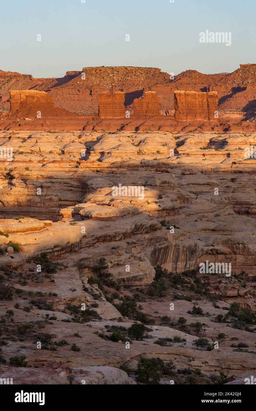 The Chocolate Drops in the Land of Standing Rocks in the Maze District of Canyonlands National Park, Utah.  In the foreground is a maze of canyons in Stock Photo